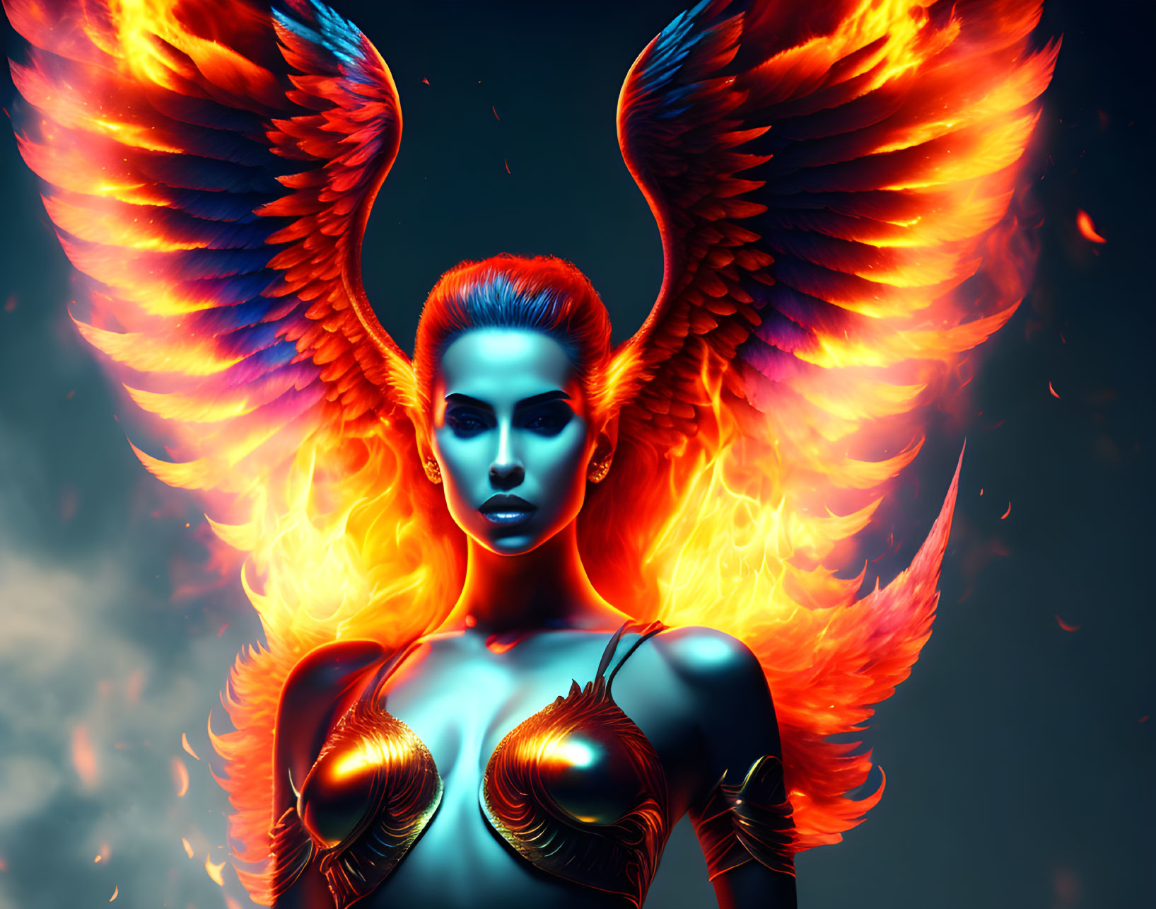 Vibrant digital artwork of woman with phoenix wings on blue background