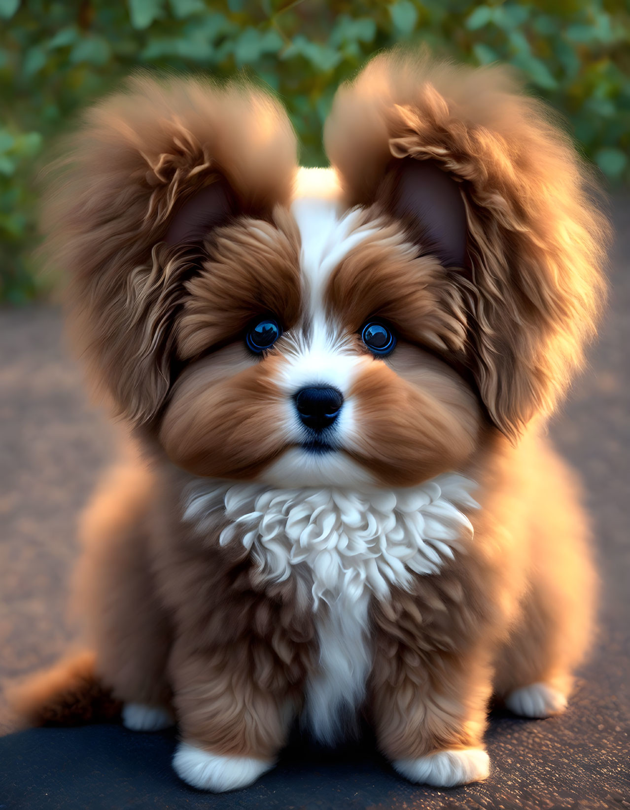 Fluffy Brown-and-White Puppy with Blue Eyes and Furry Ears