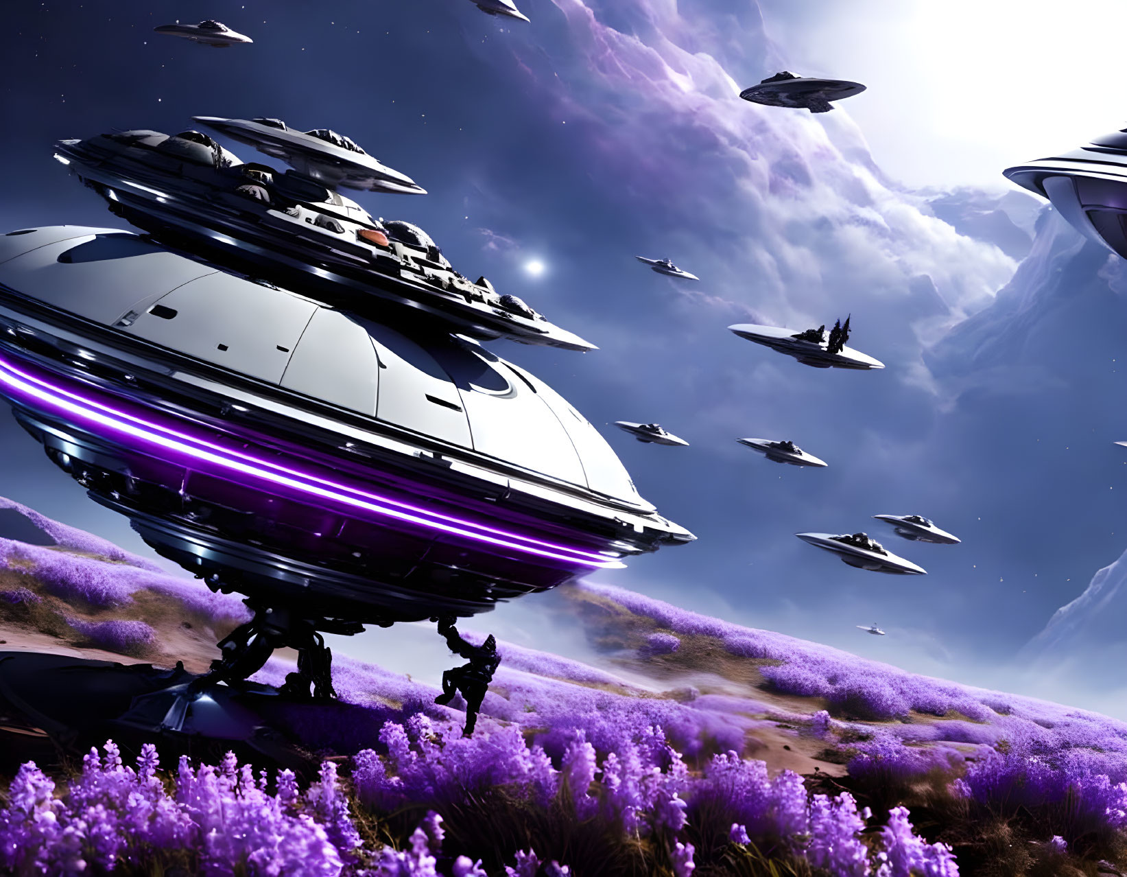 Futuristic spaceships land on purple flower-covered exoplanet