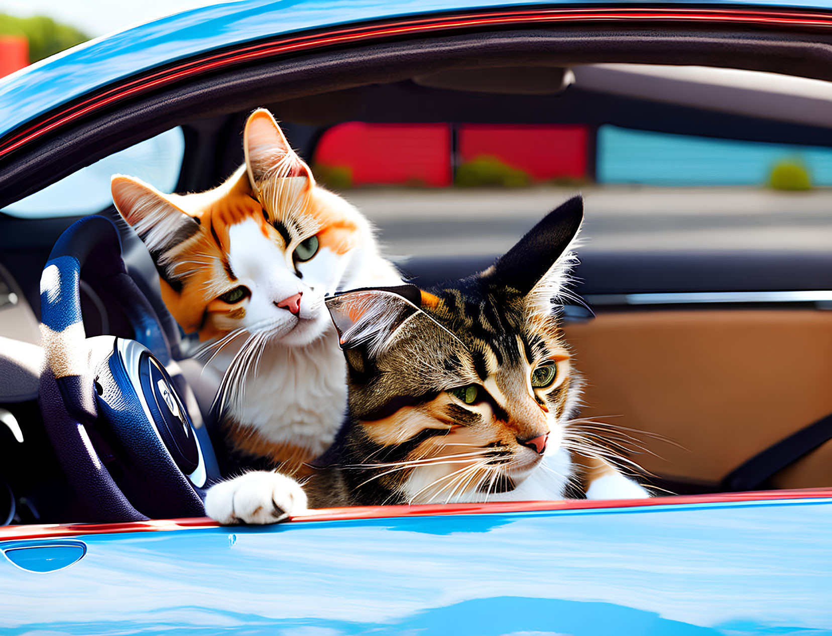 Two cats in a car, one peeking out of window, other sitting beside.