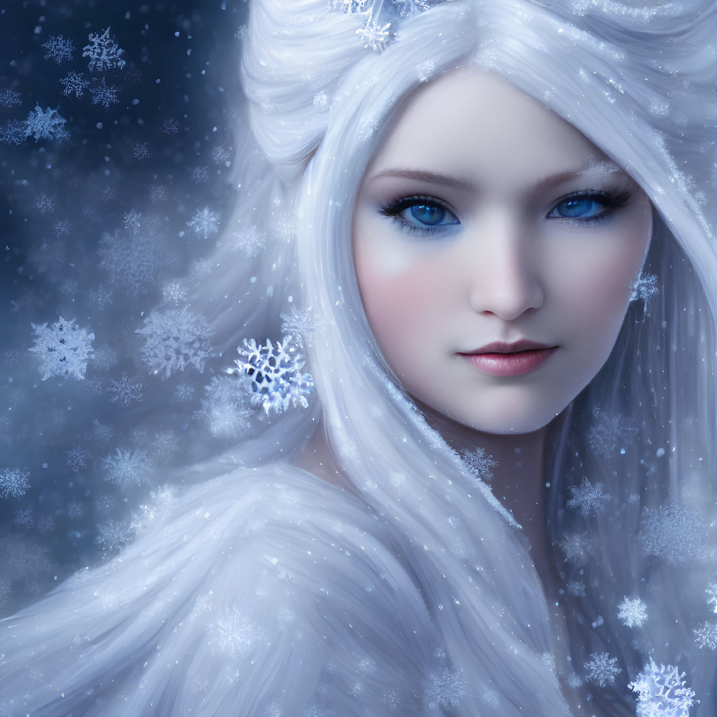 Digital artwork of ethereal woman with pale skin, icy blue eyes, and white hair in snowy scene