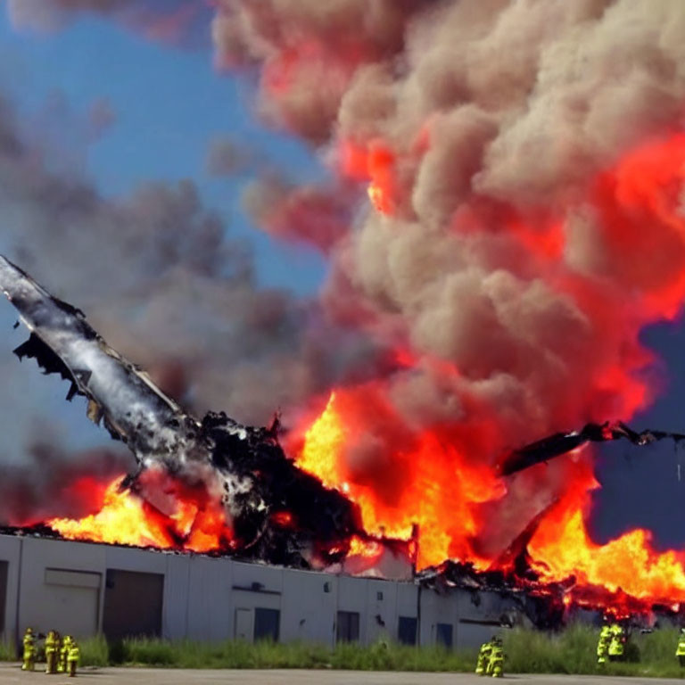 Intense airplane wreckage fire with thick smoke and firefighters.