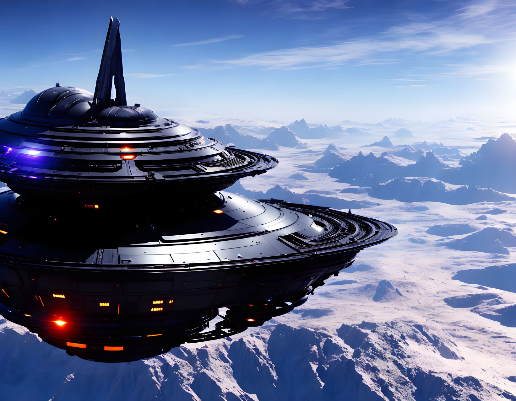 Futuristic spacecraft over snowy mountain range