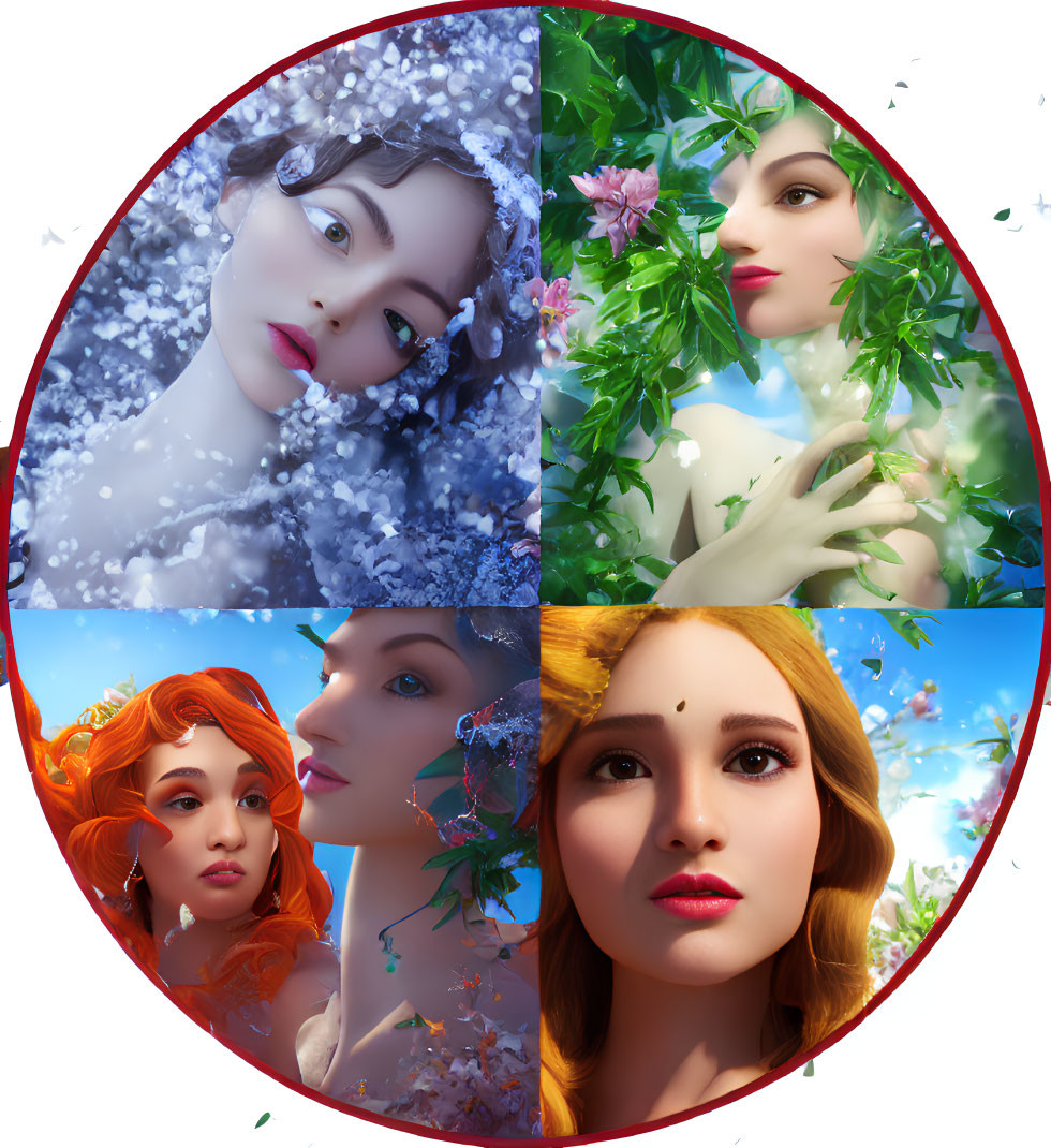 Stylized female faces representing seasons: winter in snowflakes, spring in flowers, summer in