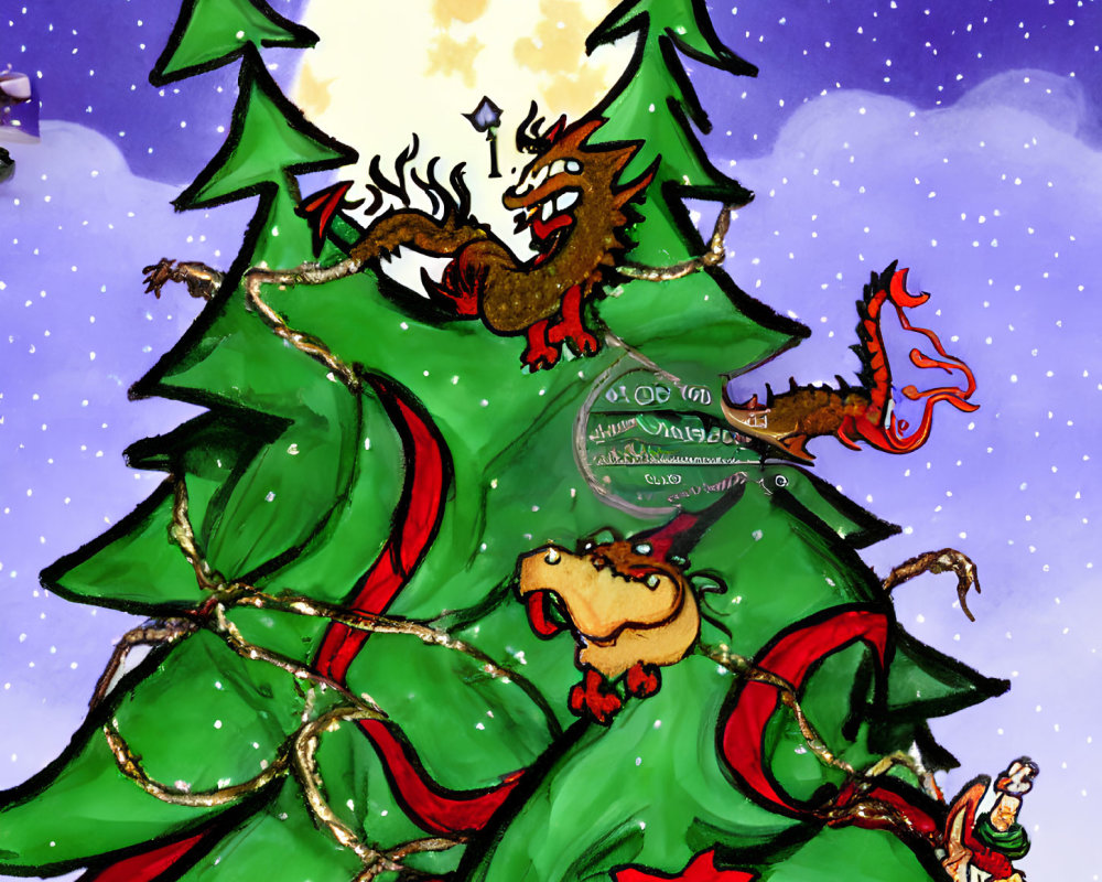 Dragons Decorating Christmas Tree in Moonlit Sky