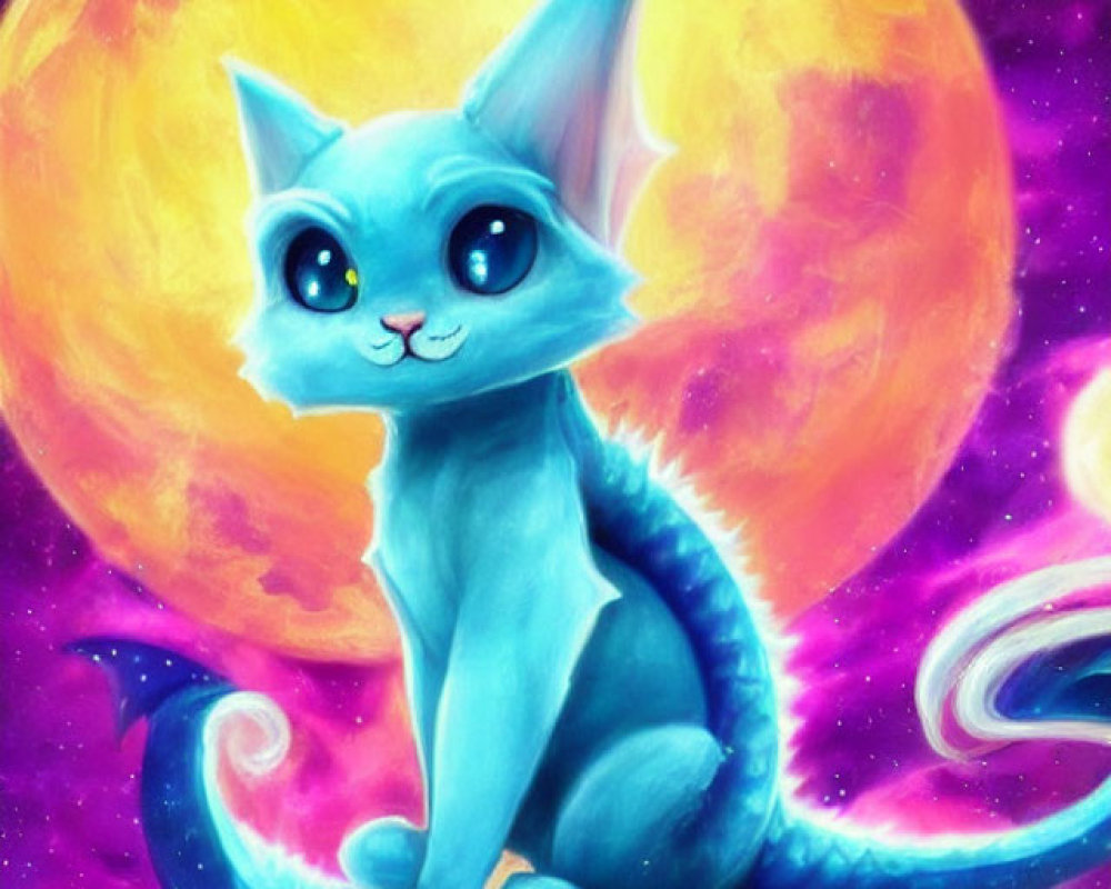 Stylized blue cat with large eyes under yellow moon in starry sky