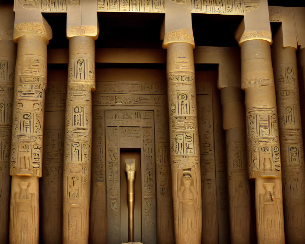 Ancient Egyptian temple columns with hieroglyphics and intricate carvings illuminated by warm light.