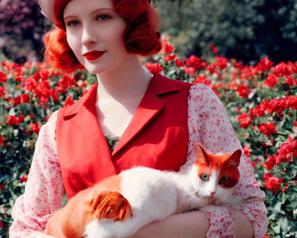 Red-haired woman in hat and outfit holding white and ginger cat in garden with red roses