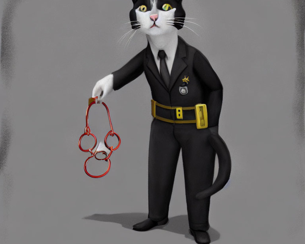 Black and White Cat Police Officer with Red Handcuffs