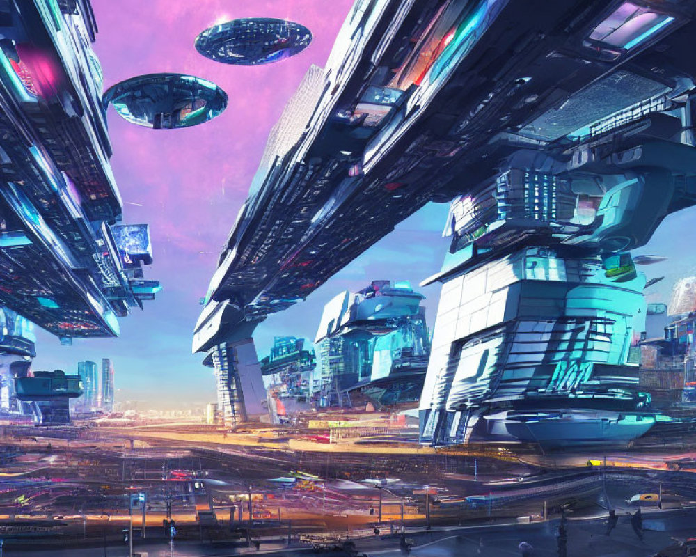 Futuristic cityscape with skyscrapers, flying vehicles, neon lights, and floating structures