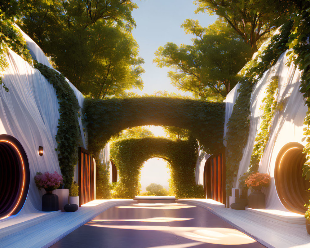 Tree-lined Pathway with Sunlit Canopy, Waterfalls, and Circular Doorways