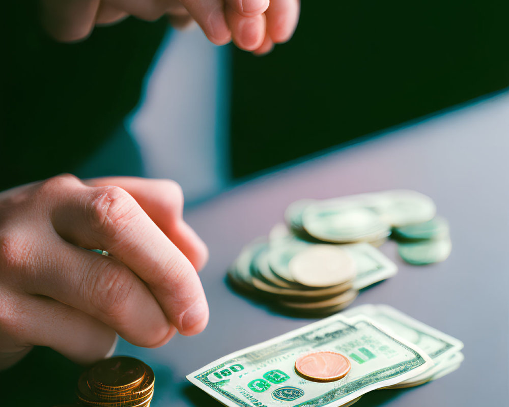 Hands Sorting Coins and Bills on Table