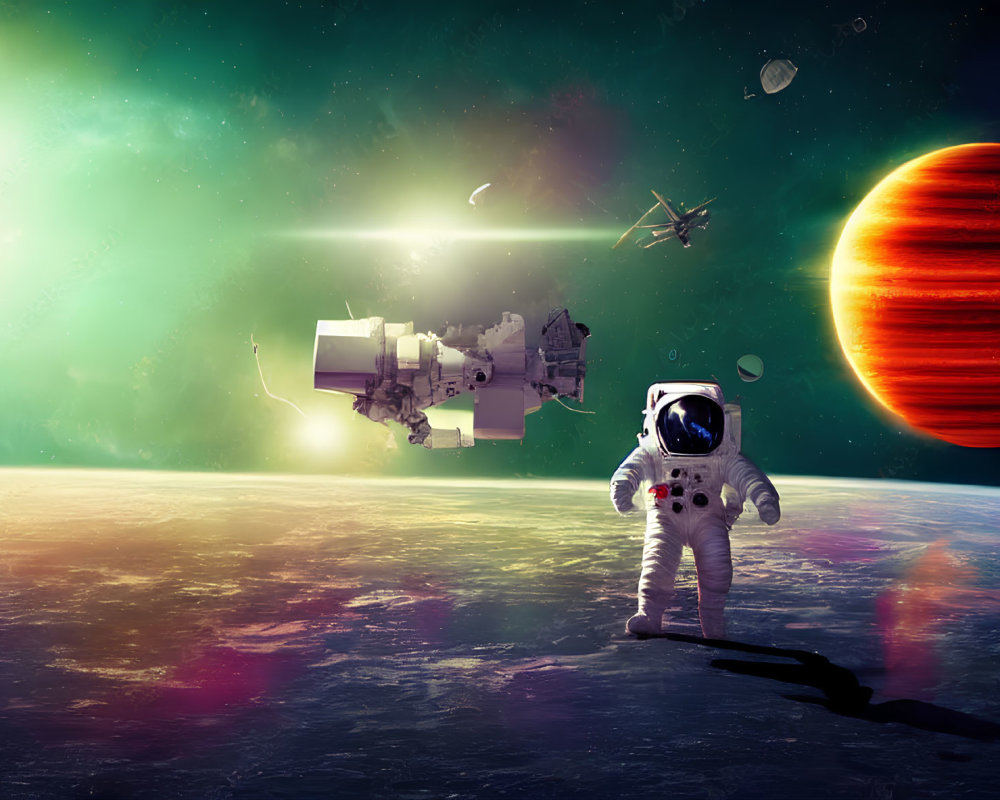 Astronaut on rocky alien surface with red planet and space debris in starry green sky