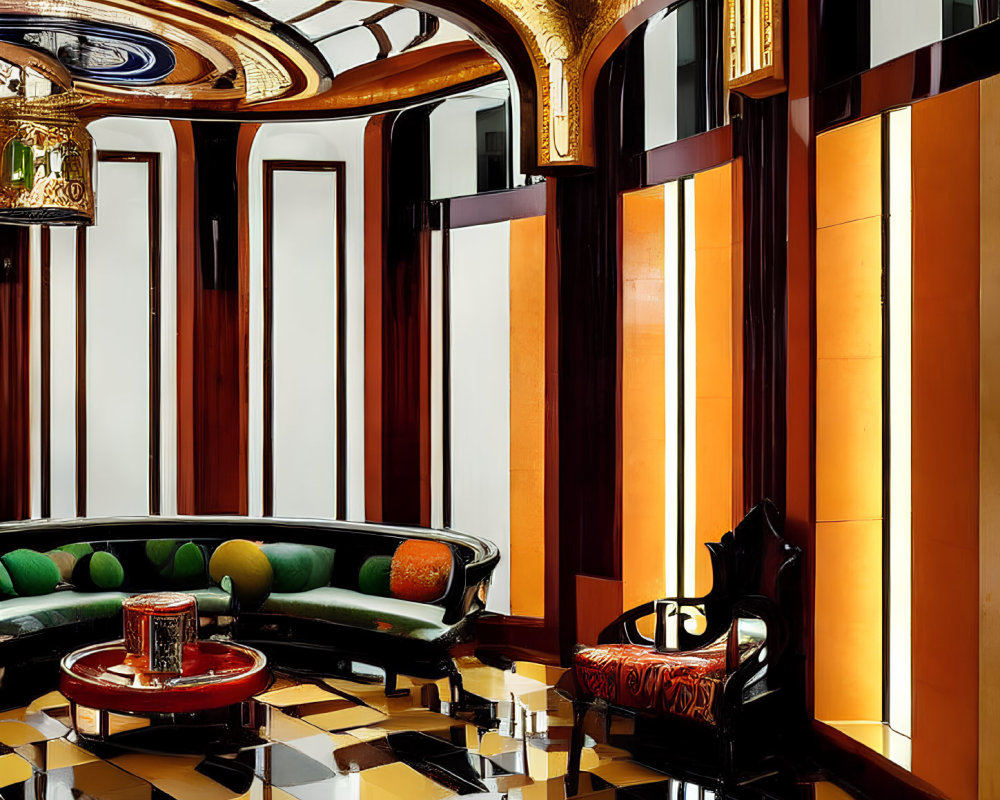 Luxurious Art Deco Interior with Geometric Patterns & Gold Accents