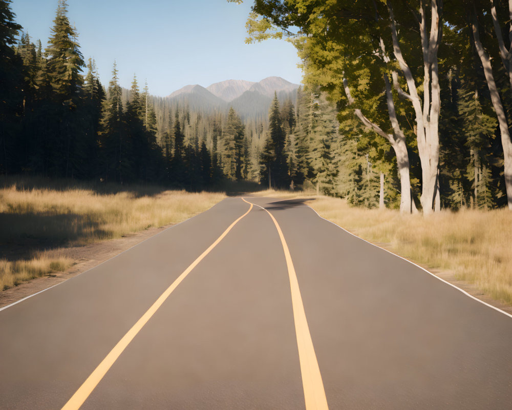 Scenic winding road through serene forest to distant mountains