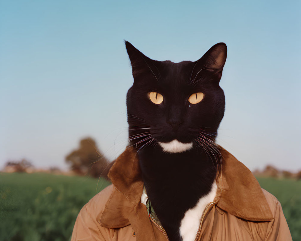 Black Cat in Brown Jacket with Yellow Eyes on Green Field Background