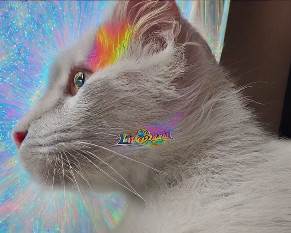 White Cat with Rainbow Light on Fur in Cosmic Background