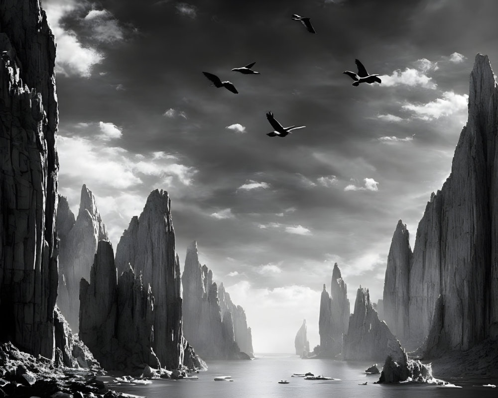 Majestic black and white landscape with rock formations, water, and birds