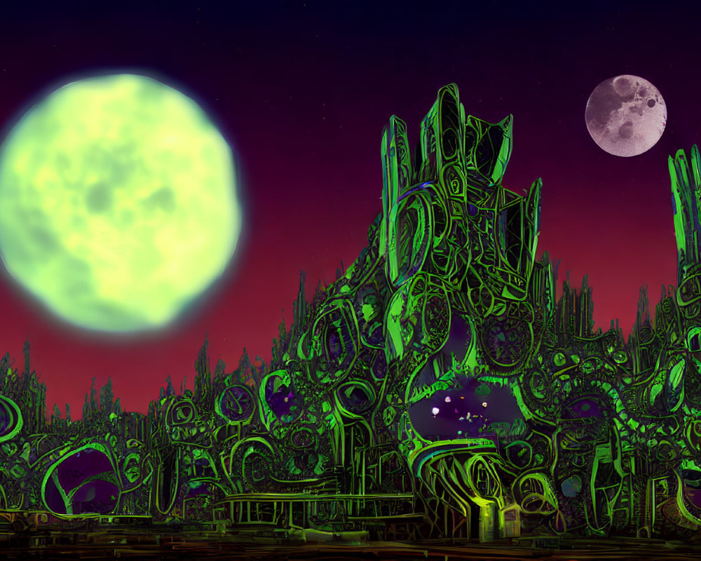 Neon-green alien cityscape under starry sky with green and white moons