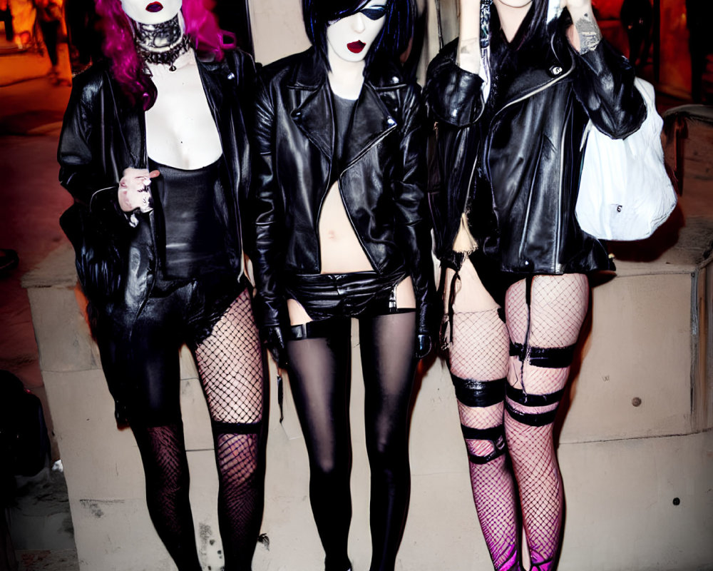 Three people in punk-inspired attire on city street at night