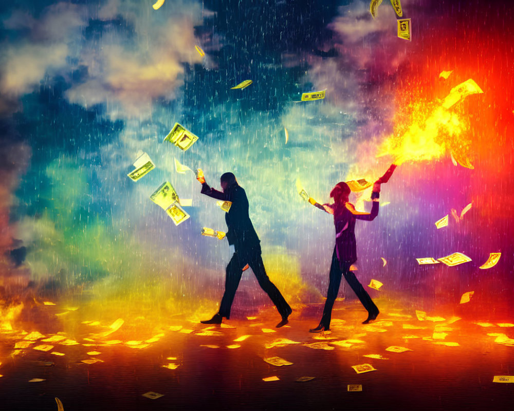 Two individuals tossing money under stormy sky with falling banknotes