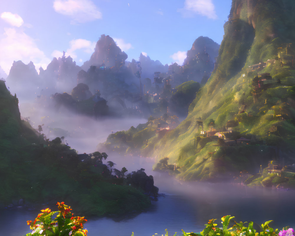 Misty mountains, winding river, lush greenery in serene fantasy landscape