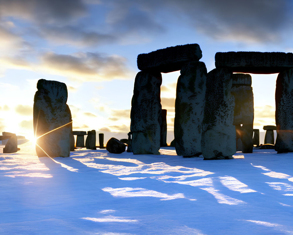 Snow-covered Stonehenge at sunrise under clear blue sky