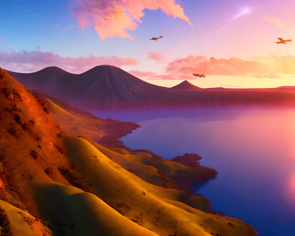 Scenic sunrise landscape with volcano, lake, hills, and aircrafts