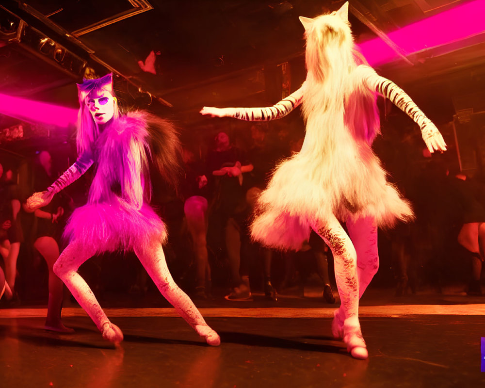 Colorful Cat Costumes Performance on Stage with Reddish Lighting and Audience