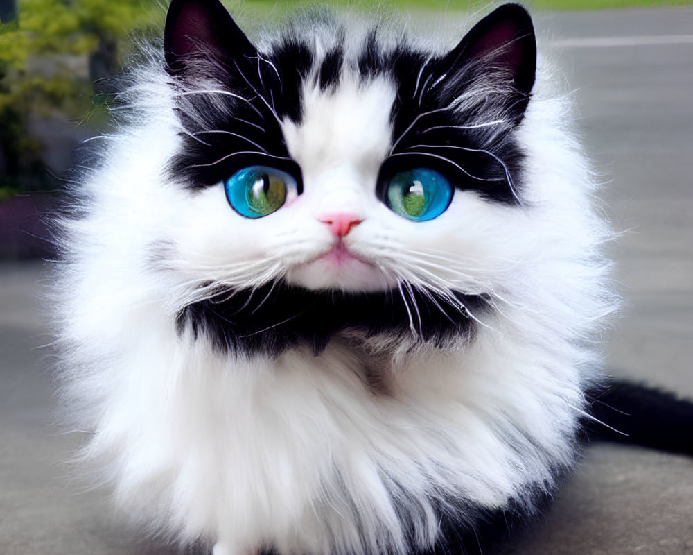 Black and White Cat with Blue Eyes and Pink Nose Outdoors