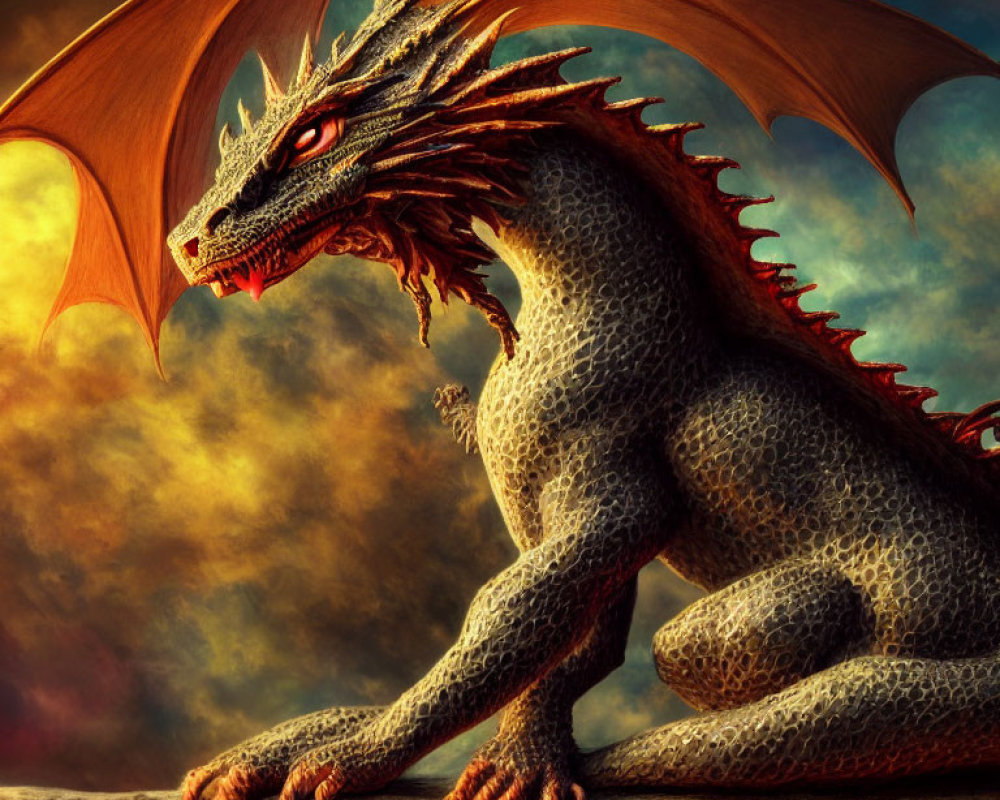 Majestic dragon with red eyes on rock under dramatic sunset sky