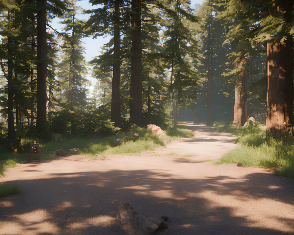 Tranquil Forest Path with Pine Trees and Sunlight