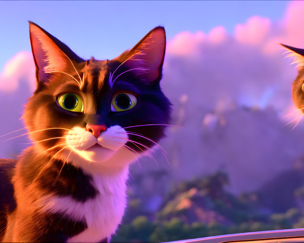 CGI-animated tuxedo cat with green eyes beside another cat on purple clouds.