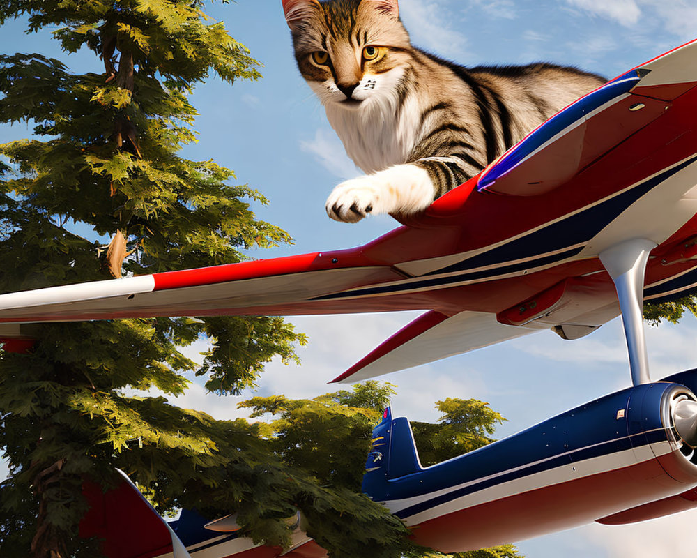 Tabby Cat Sitting on Model Airplane in Nature Scene