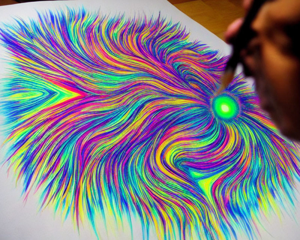 Colorful abstract hand-drawn swirls on white paper with a pen