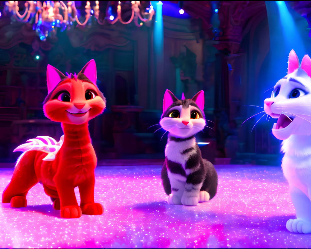 Three expressive animated cats on glittery floor with ornate theater backdrop.