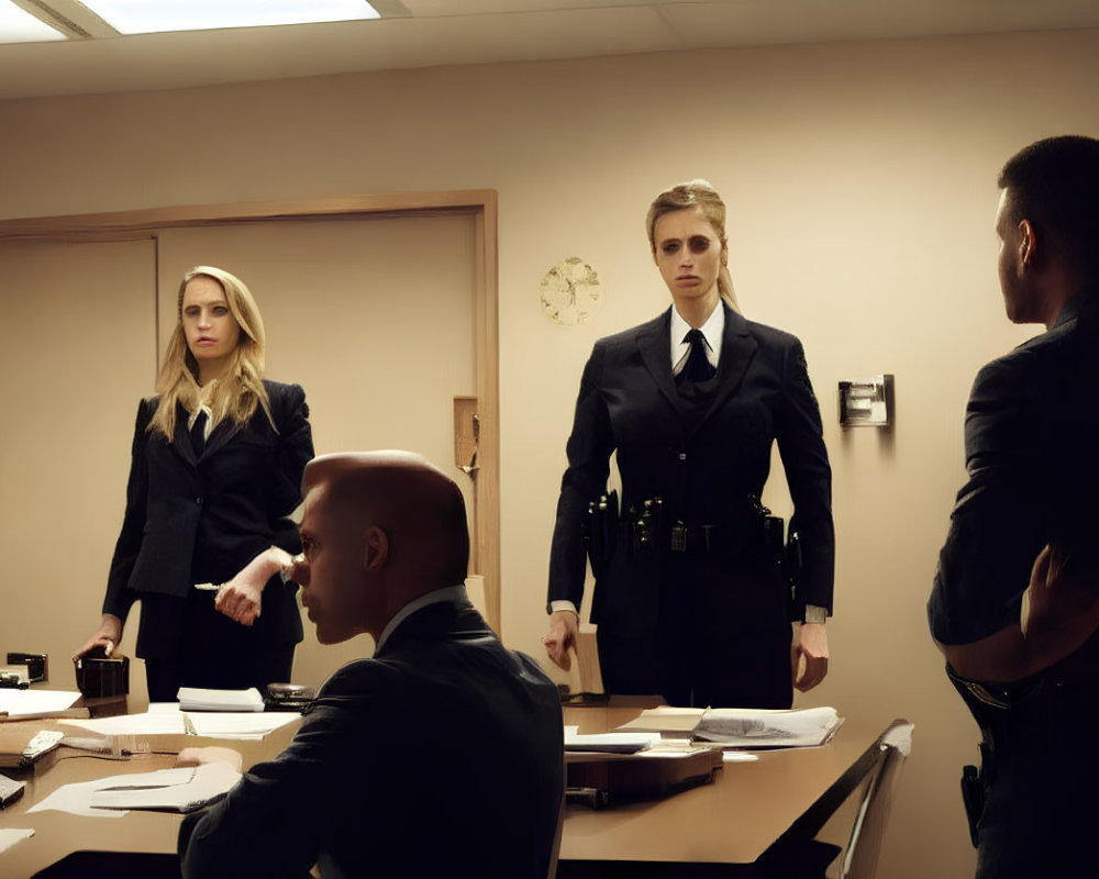 Two women in dark uniforms handing paper to bald man in office setting