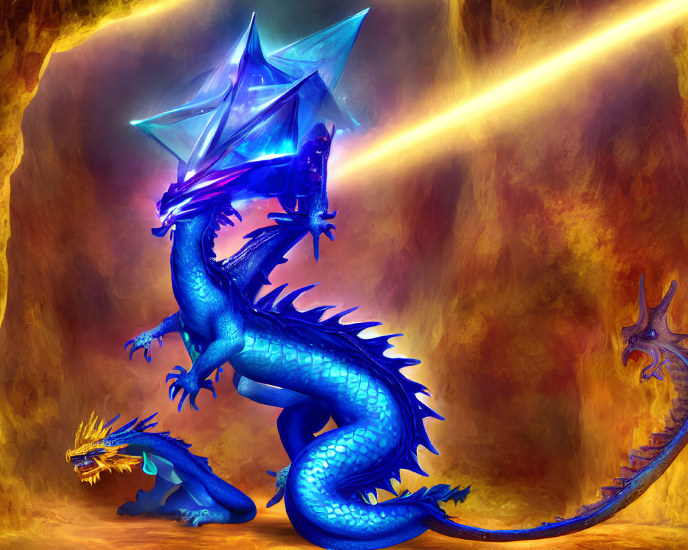 Blue-scaled dragon breathing golden fire in fiery cavern