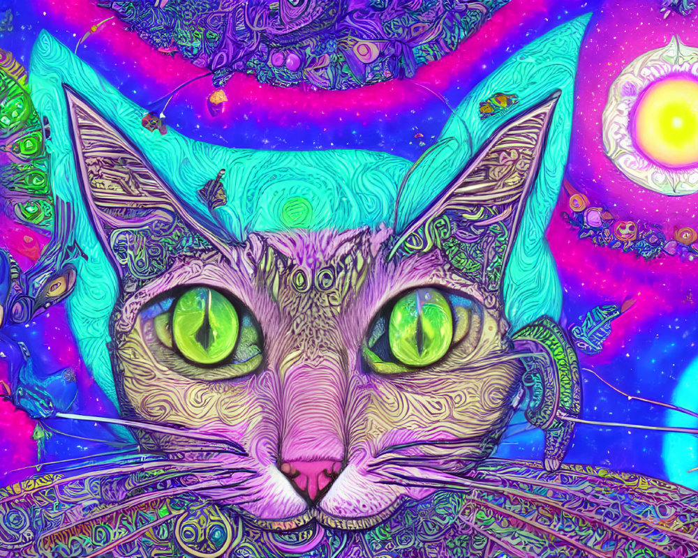 Colorful Psychedelic Cat Artwork with Cosmic Background