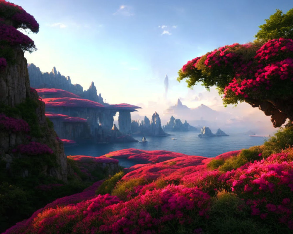 Vibrant pink flowering plants in serene fantasy landscape