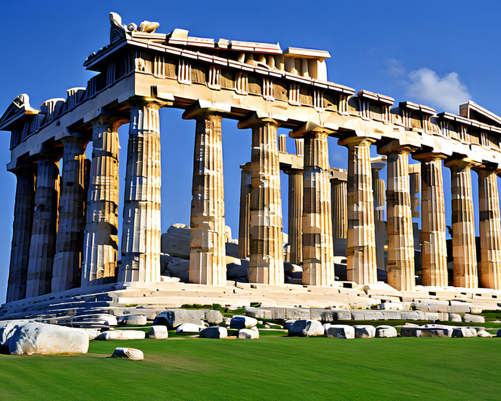 Ancient Greek temple ruins with Doric columns under clear blue sky