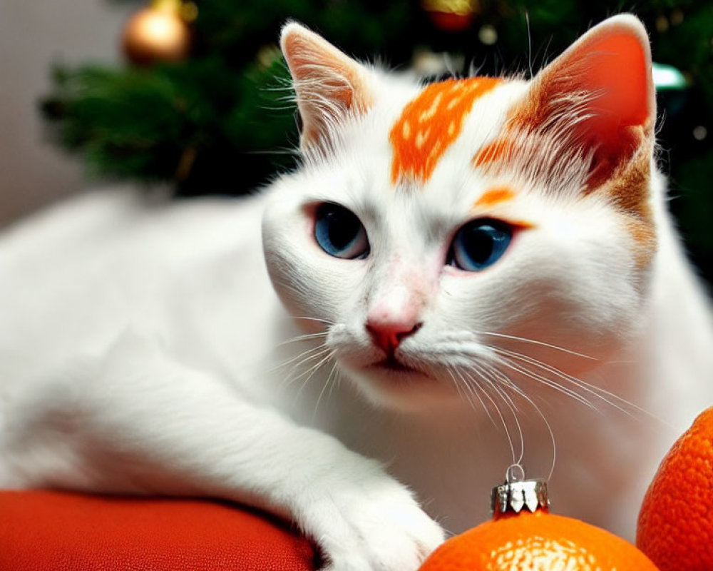 White Cat with Orange Spots Relaxing Near Oranges and Christmas Tree