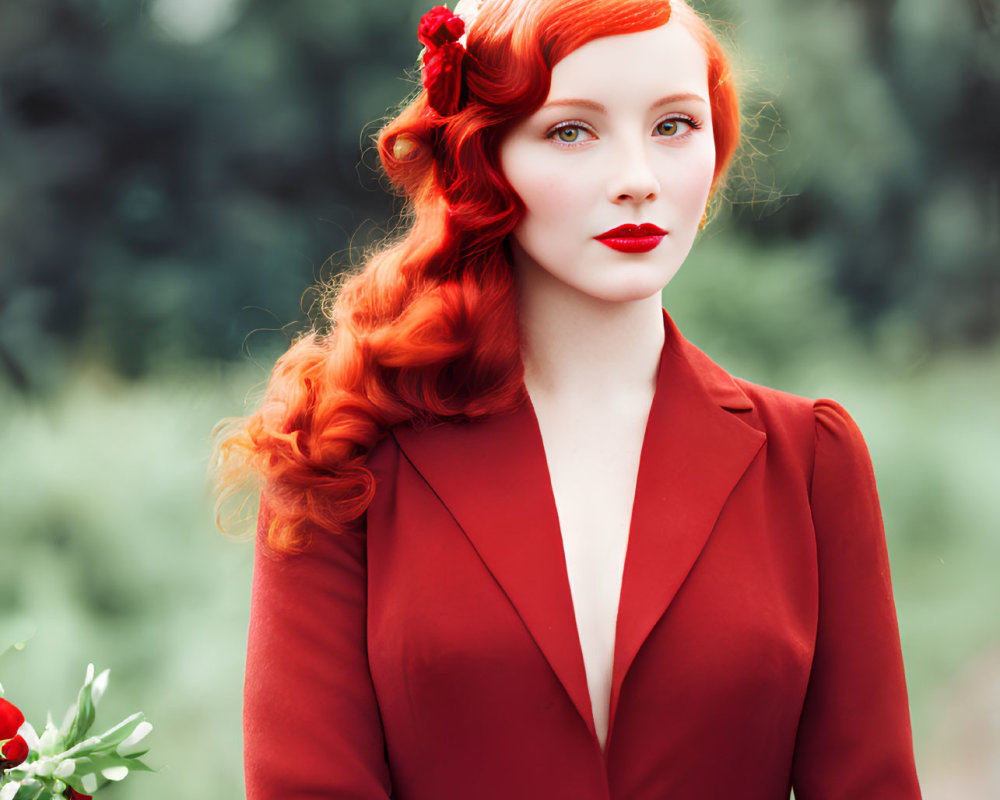 Vibrant red-haired woman in waves, red blazer, holding flowers