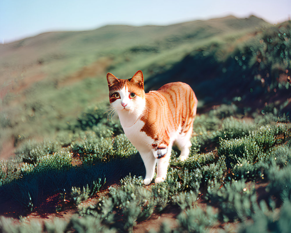 White and Ginger Cat in Lush Greenery on Hilltop