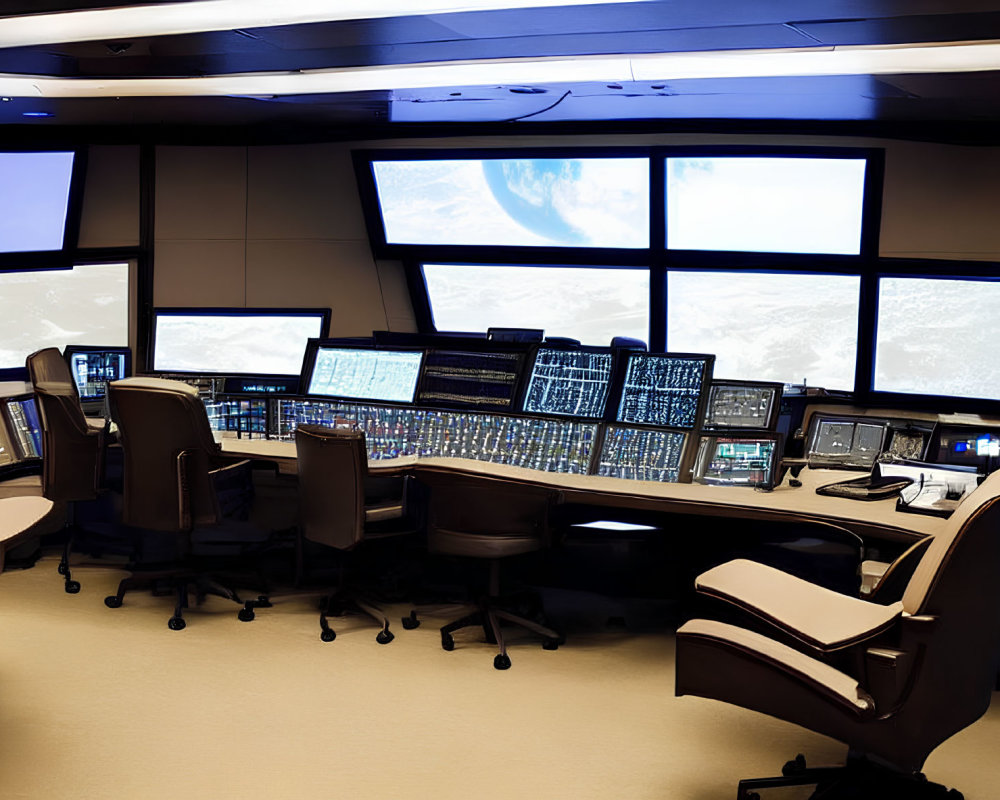 Control room with multiple screens, Earth views, control panel, switches, empty chairs, dim lighting