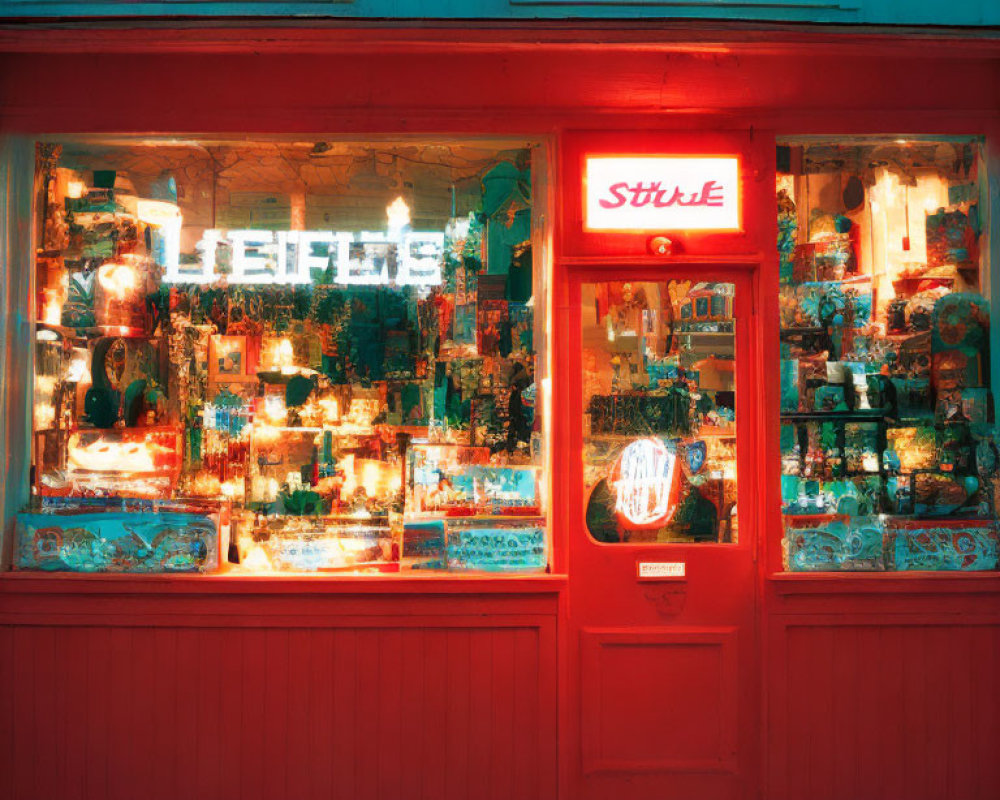 Vibrant red storefront at dusk with illuminated display windows and neon signs