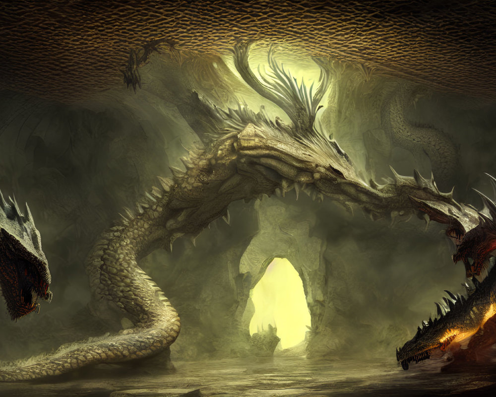 Illustration: Three dragons in dimly lit cavern with fire-breathing dragon and glowing entrance