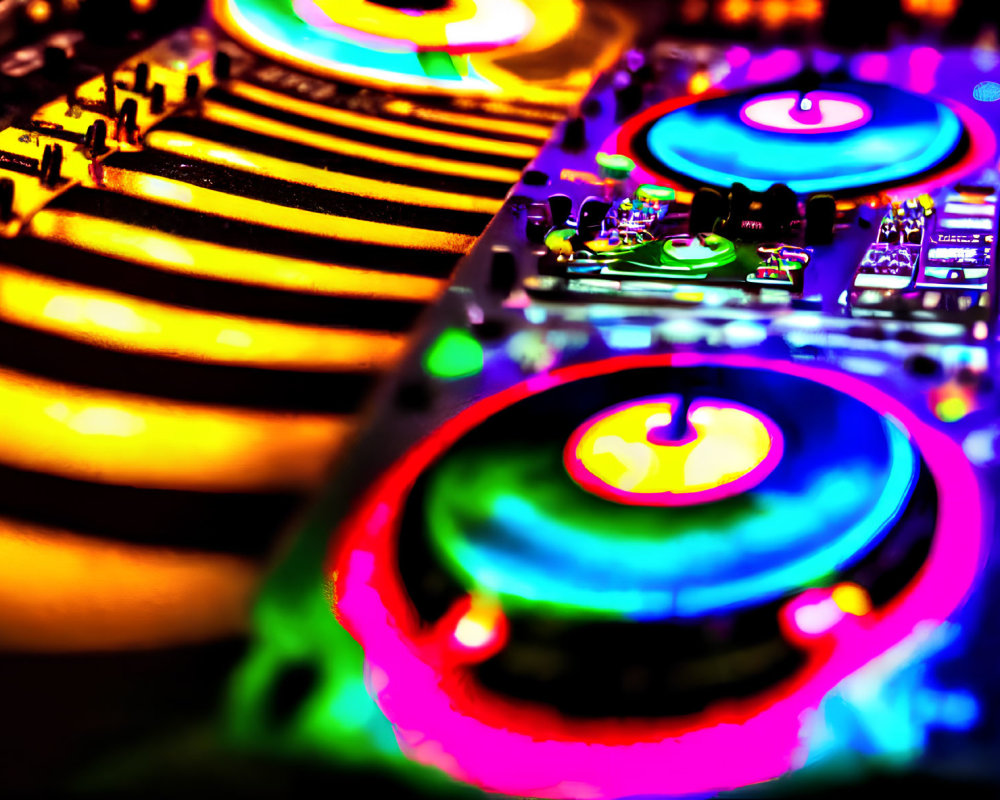 Neon-colored DJ mixing console with illuminated buttons and rotating turntable platters