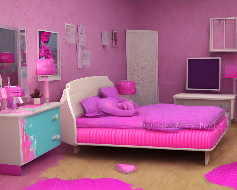 Pink-themed Bedroom with Bed, Dresser, TV, and Girly Decor