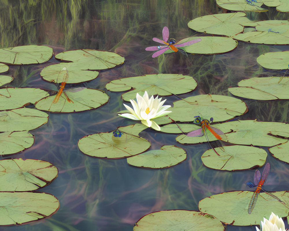 Tranquil pond with green lily pads, white lotus, and dragonflies